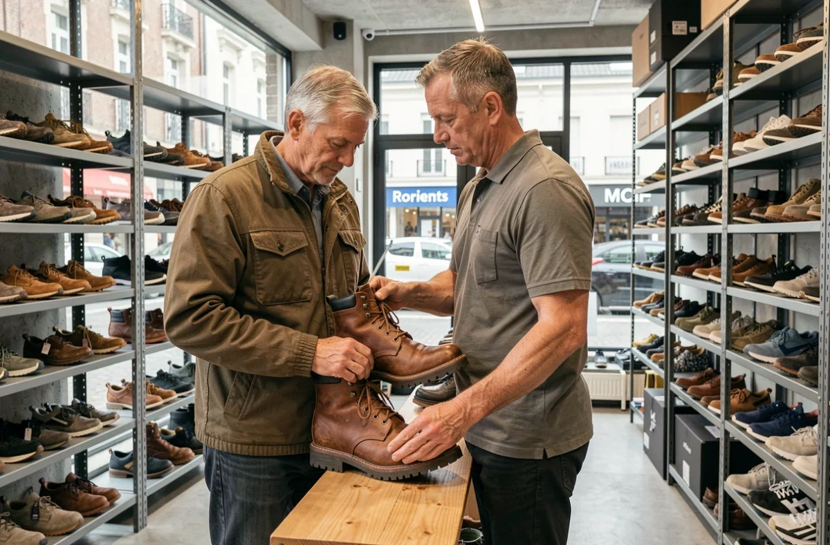Homme examinant des boots en cuir robustes dans le magasin MCH à Lorient, large sélection de chaussures multimarques
