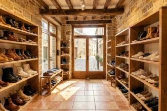 Vue d'ensemble d'une boutique de chaussures indépendante en Bretagne avec murs en pierre et étagères en bois garnies de chaussures variées