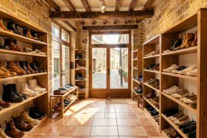 Vue d'ensemble d'une boutique de chaussures indépendante en Bretagne avec murs en pierre et étagères en bois garnies de chaussures variées