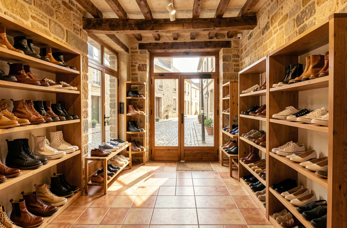Vue d'ensemble d'une boutique de chaussures indépendante en Bretagne avec murs en pierre et étagères en bois garnies de chaussures variées