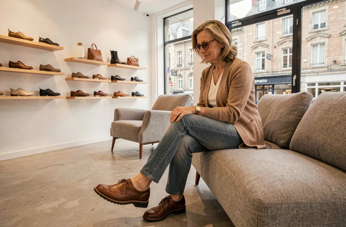 Femme essayant des chaussures de confort Mephisto dans la boutique Mephisto Shop à Vannes, ambiance propre et ergonomique