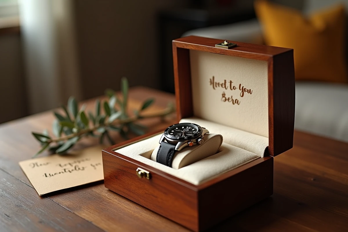 Montre homme gravée présentée dans un coffret en bois ouvert avec carte manuscrite et brindilles d'olivier séchées sur table en chêne