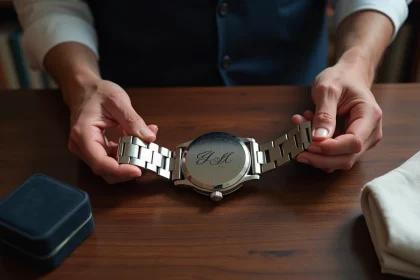 Montre homme en acier avec gravure personnalisée au dos, posée sur un bureau en bois avec mouchoir blanc et écrin de velours