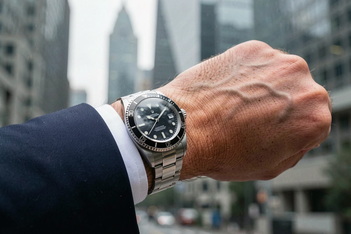 Montre Rolex Oyster Perpetual au poignet d'un homme en costume dans un contexte urbain
