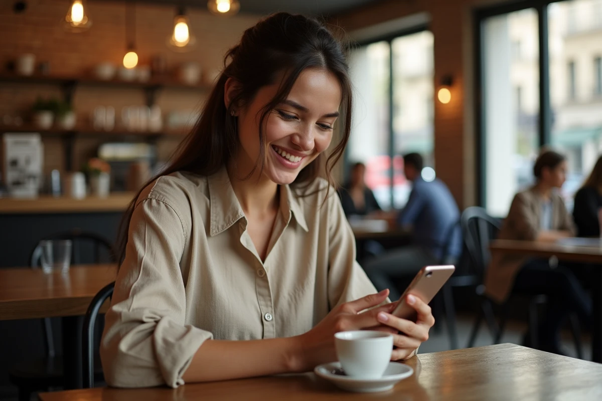 Jeune femme consultant sa newsletter Zara sur smartphone dans un café parisien pour obtenir un code de réduction immédiat