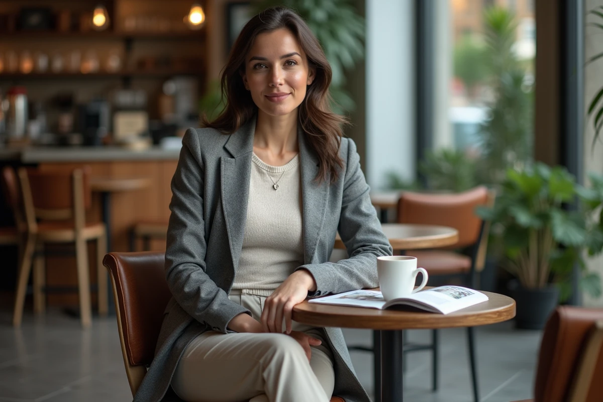 Femme portant un blazer et un pantalon Kiabi attablée dans un café parisien