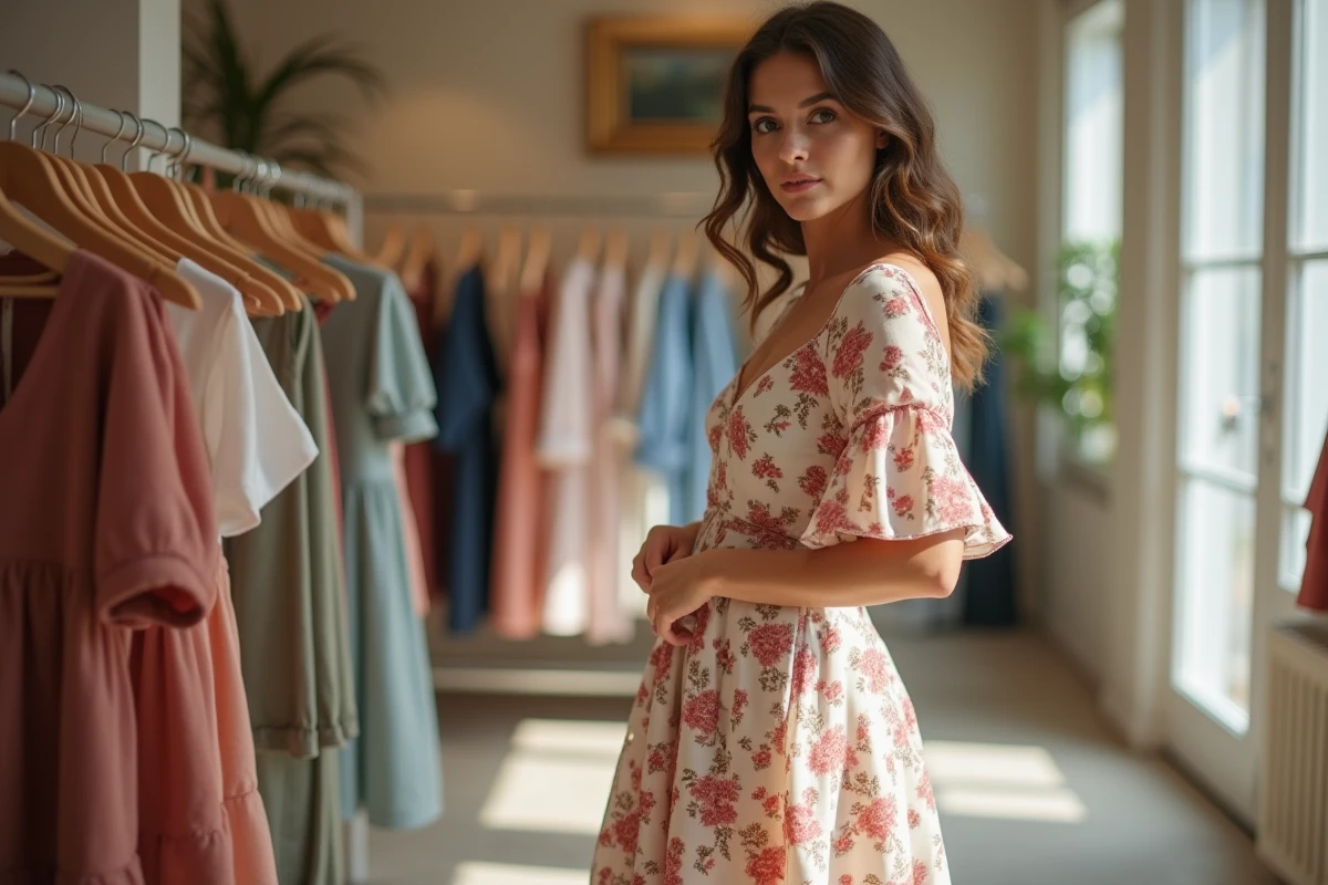 Femme portant une robe fleurie midi Kiabi dans une boutique de mode parisienne