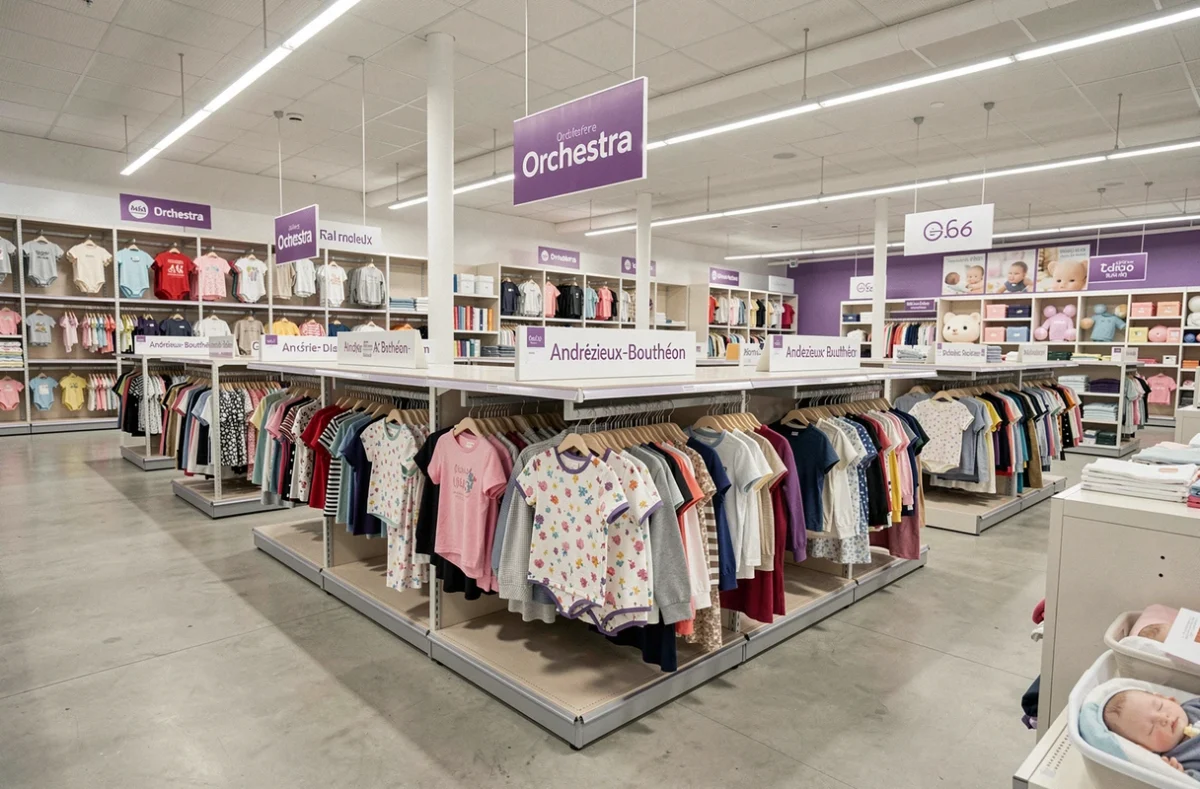 Magasin Orchestra à Andrézieux-Bouthéon avec de larges rayons de vêtements pour enfants et bébés organisés par tranches d'âge dans un espace commercial spacieux