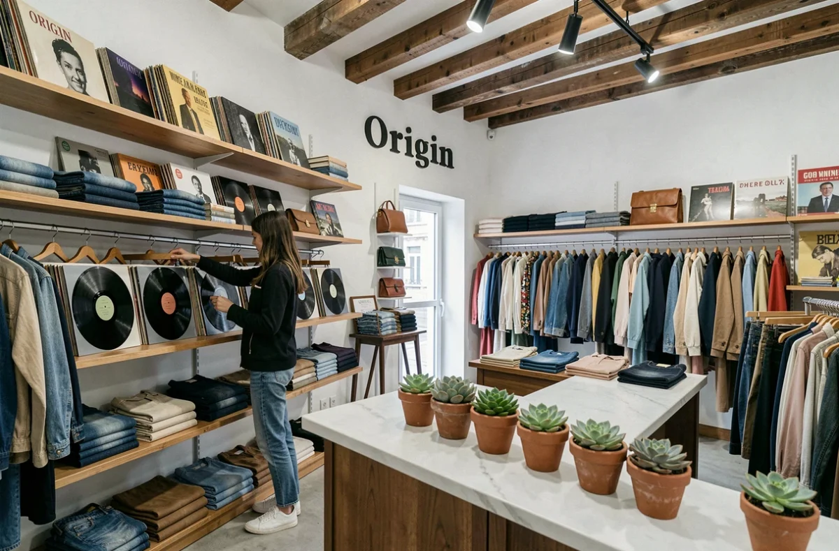 La boutique Origin dans la Vienne, espace vintage minimaliste avec vêtements sélectionnés et décoration soignée