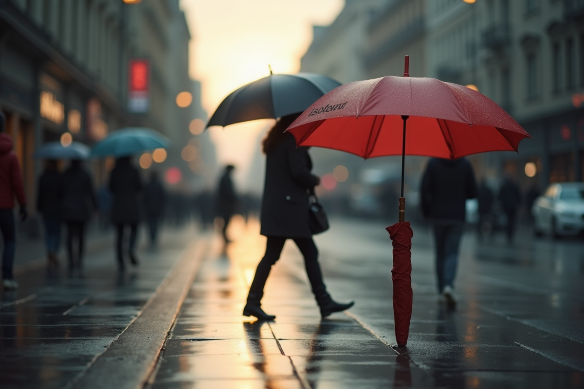 Parapluie Isotoner fermé sur une rue mouillée au matin