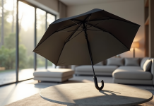 Parapluie noir Isotoner ouvert dans un salon lumineux