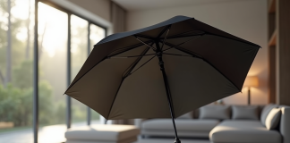 Parapluie noir Isotoner ouvert dans un salon lumineux