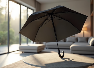 Parapluie noir Isotoner ouvert dans un salon lumineux