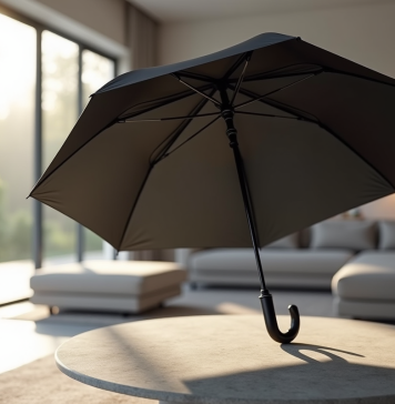 Parapluie noir Isotoner ouvert dans un salon lumineux