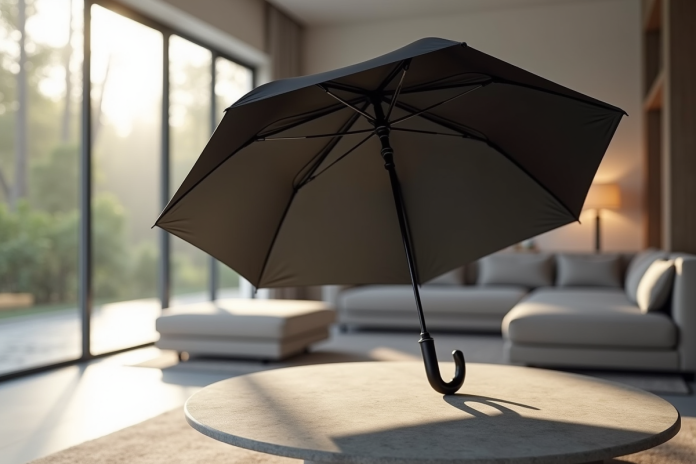 parapluie-isotoner-noir-elegant Parapluie noir Isotoner ouvert dans un salon lumineux