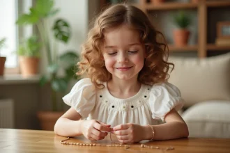 Petite fille tenant un bracelet en or délicat, assise à une table en bois dans un salon familial cosy, idée de premier bijou enfant