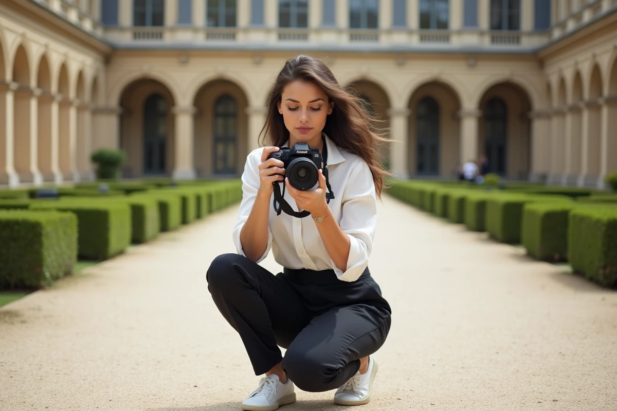 Photographe professionnelle en pleine séance photo dans la cour du Palais Royal à Paris avec appareil reflex
