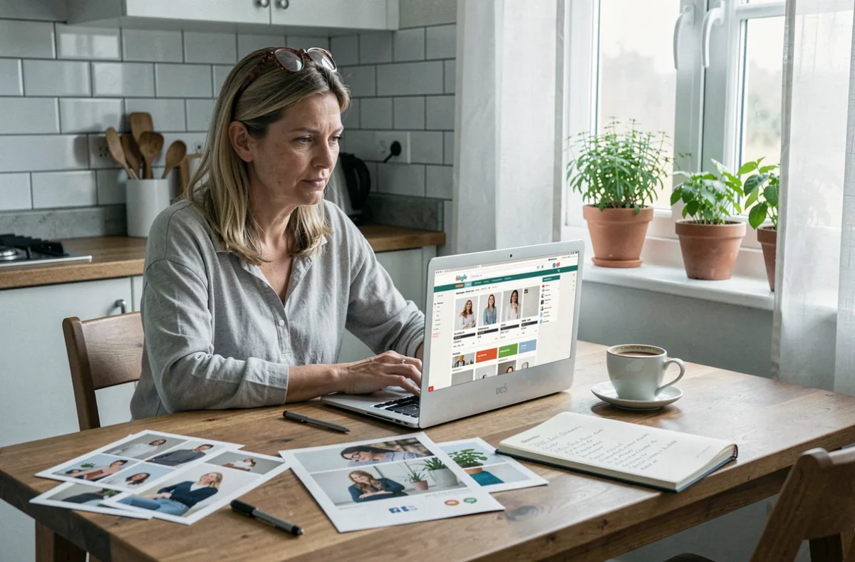 Femme planifiant sa tenue de mariage en ligne avec un budget défini, entourée de notes et d'inspirations mode sur sa table de cuisine