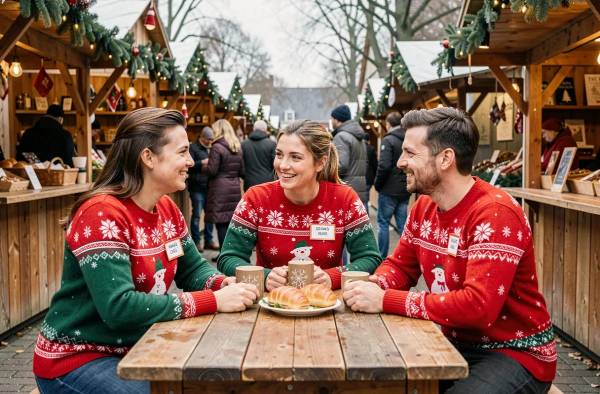 Groupe d'amis portant des pulls de Noël personnalisés assortis lors d'un marché de Noël