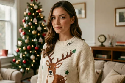 Femme portant un pull de Noël personnalisé avec broderie initiales et motif renne, dans un salon décoré pour les fêtes