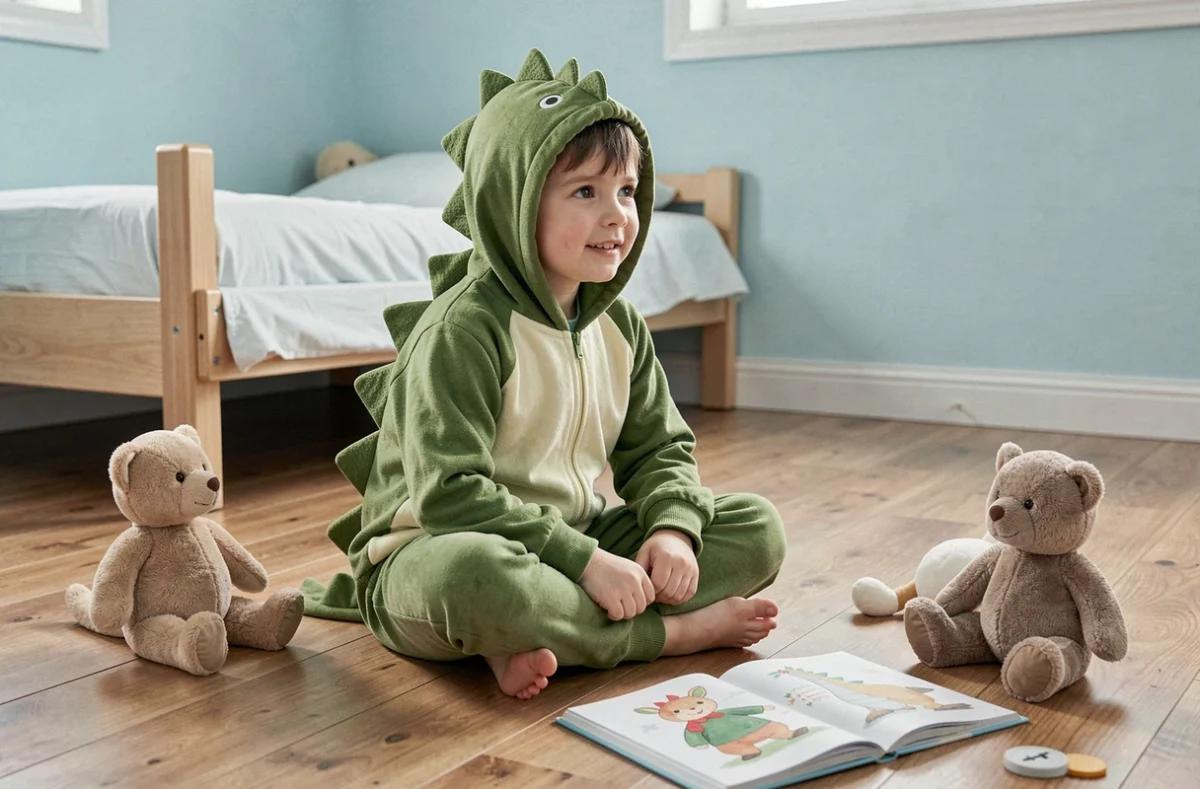 Garçon en pyjama combinaison dinosaure vert assis sur le sol d'une chambre d'enfant