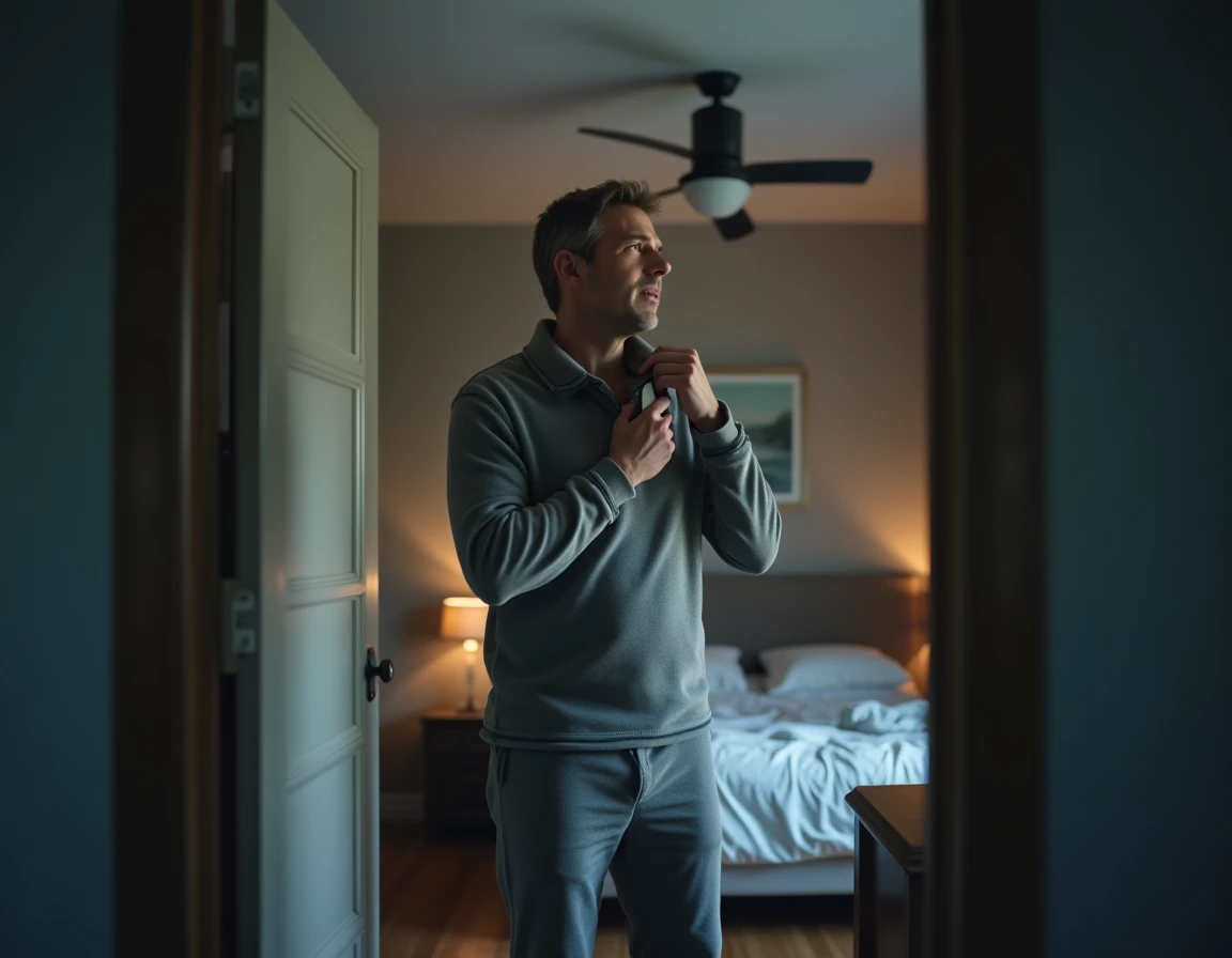 Homme en pyjama pilou gris tirant sur son col dans une chambre chaude avec ventilateur au plafond