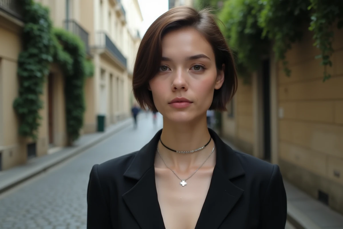 Ras du cou en argent avec pendentif géométrique porté avec un blazer noir dans une rue parisienne
