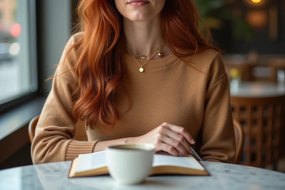 Femme assise en café portant un ras du cou double rang en or rose sur pull camel minimaliste