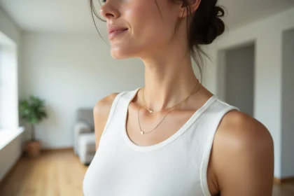 Femme portant un ras du cou minimaliste en or fin sur une peau nue, bijou discret et élégant