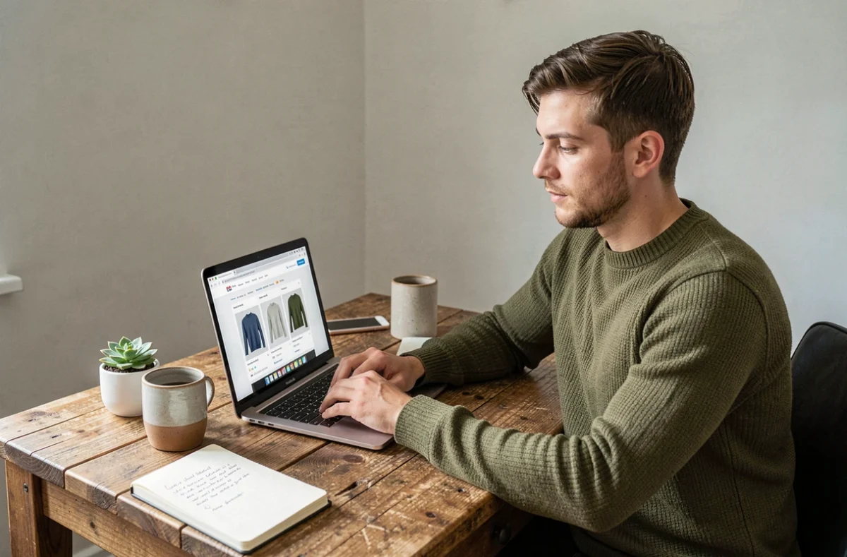 Homme recherchant des vêtements éthiques sur un site de mode responsable depuis son bureau en bois à la maison