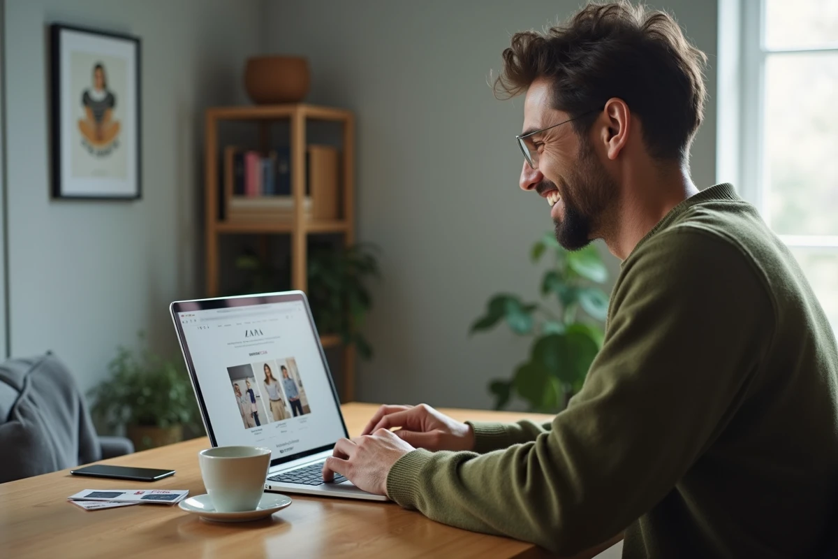 Homme utilisant un code de réduction Zara obtenu par newsletter sur un ordinateur portable depuis son bureau à domicile