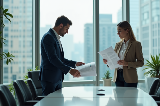 Homme et femme d'affaires en réunion dans une salle moderne