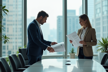 Homme et femme d'affaires en réunion dans une salle moderne