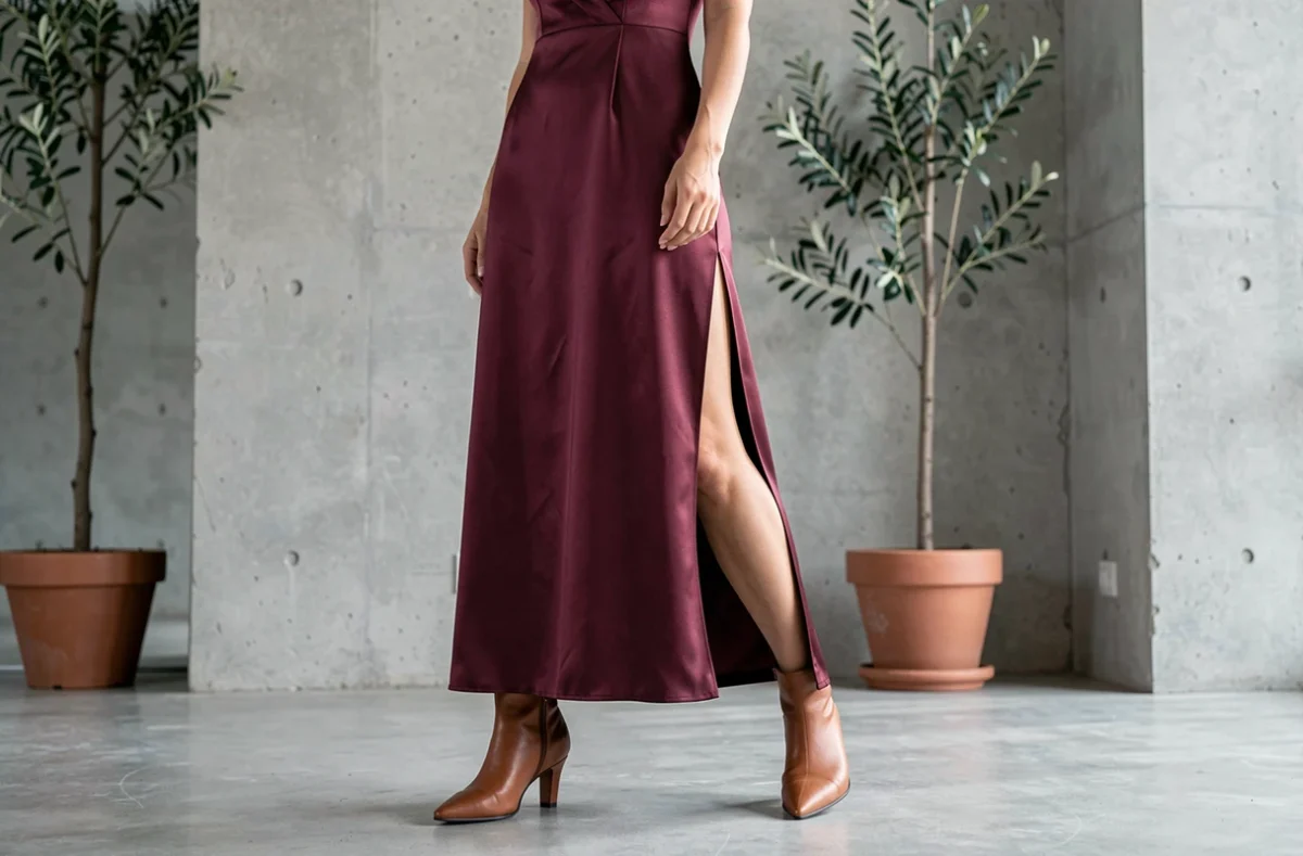 Femme en robe longue bordeaux satiné avec des bottines à bout pointu cognac dans un intérieur moderne