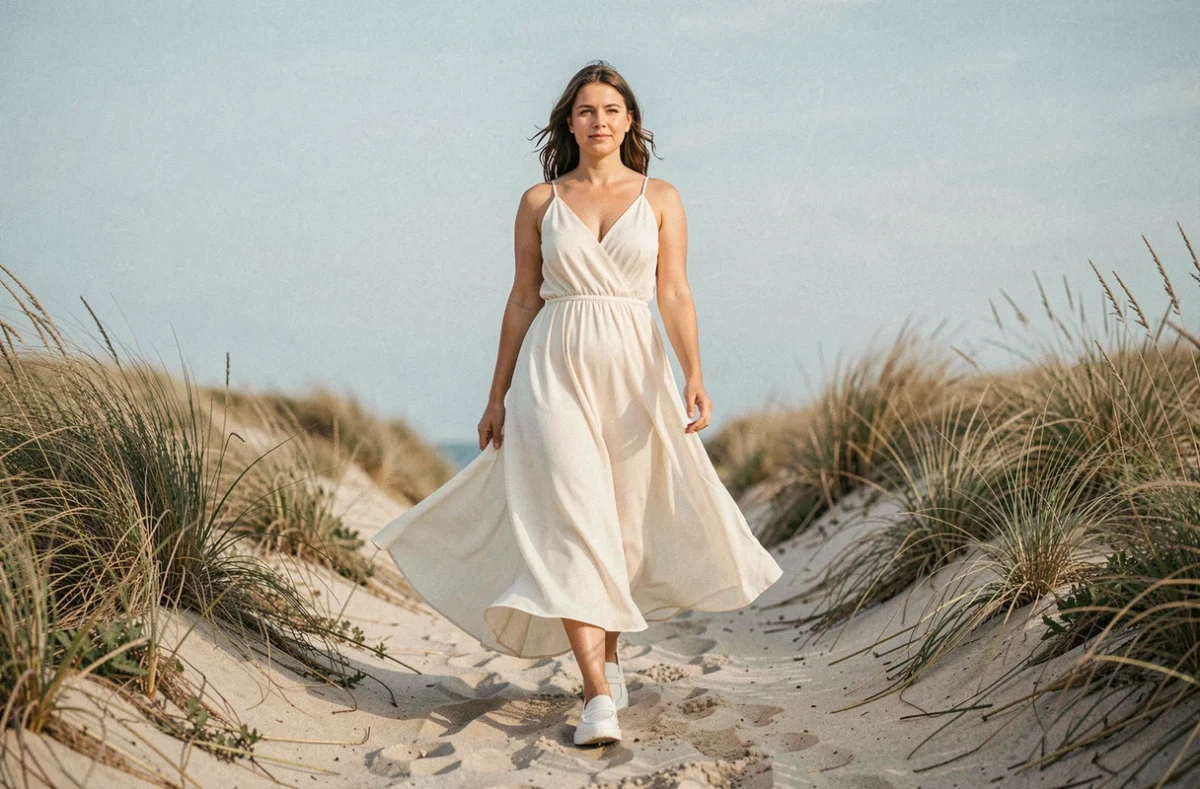 Femme en robe longue blanche en mousseline portant des loafers à semelle épaisse sur un chemin côtier