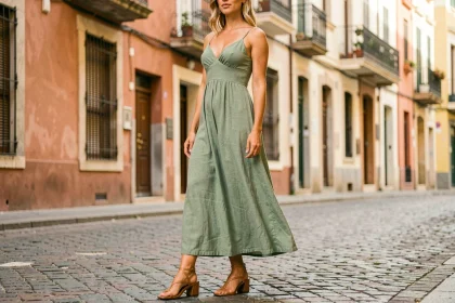 Femme en robe longue verte portant des sandales en cuir à talon block sur des pavés européens
