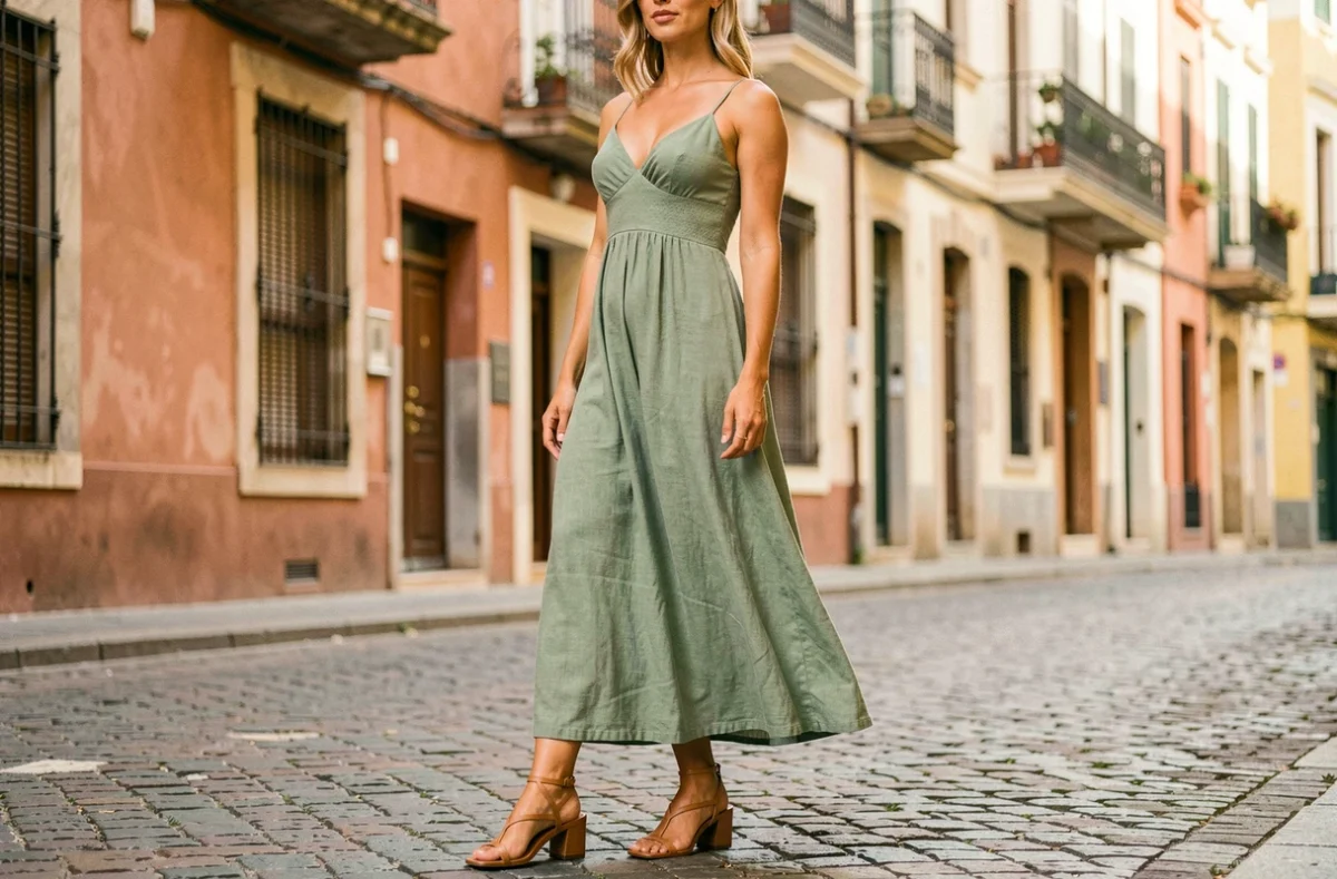 Femme en robe longue verte portant des sandales en cuir à talon block sur des pavés européens