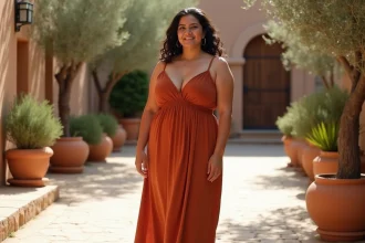 Femme grande taille portant une robe longue terracotta avec ruché à la taille sur une terrasse méditerranéenne
