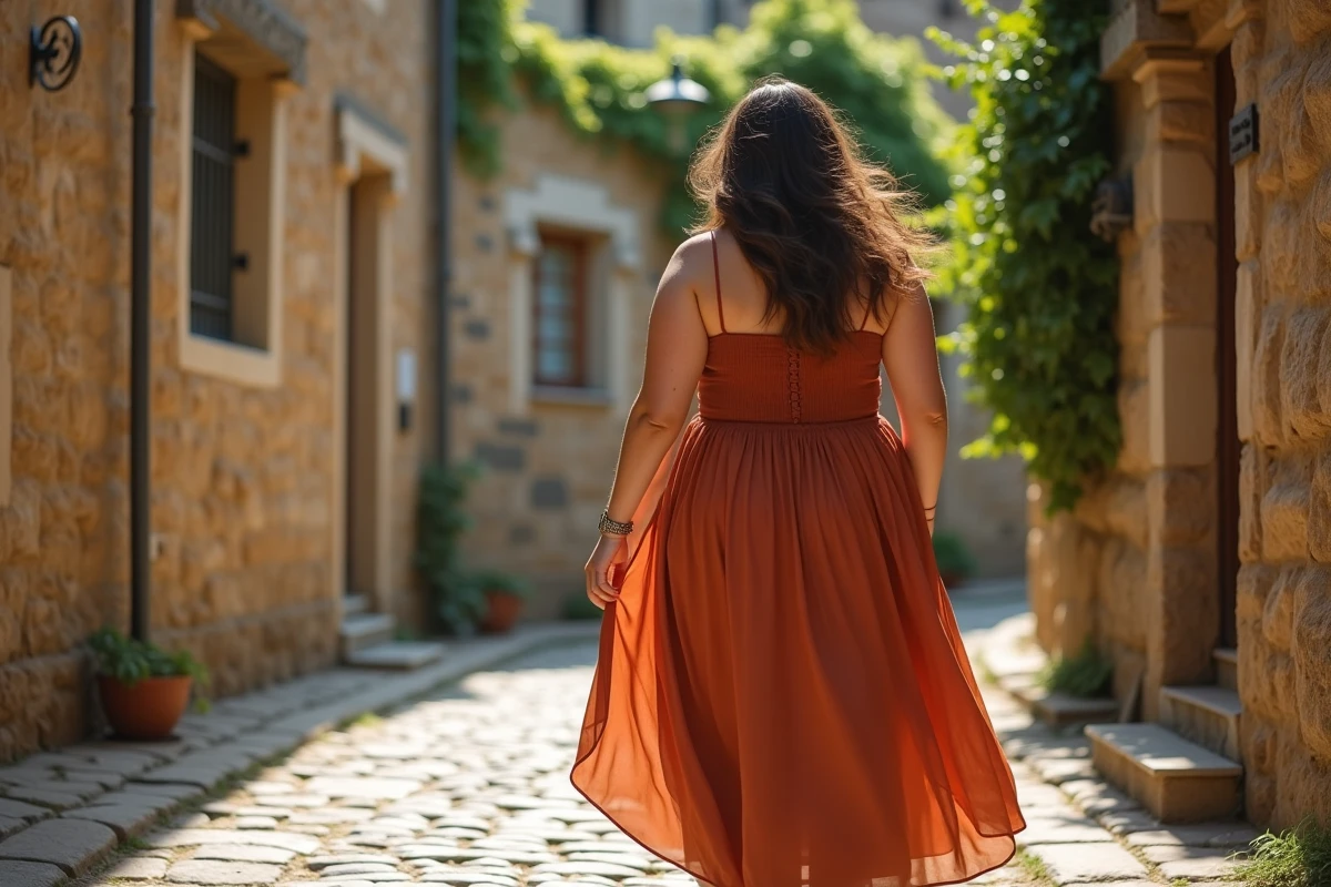 Grande femme en robe longue terracotta sans manches marchant dans une ruelle pavée d'un village européen