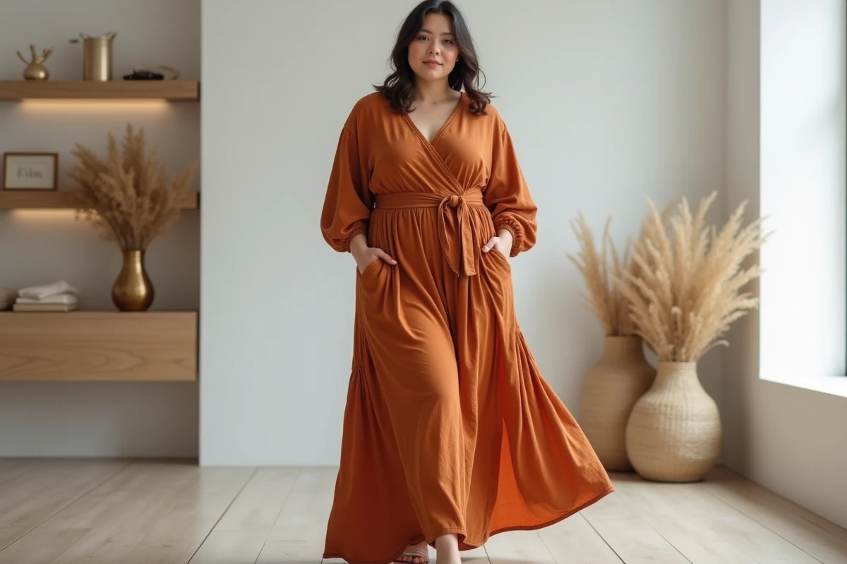 Femme ronde en robe longue terracotta style portefeuille à encolure V dans une boutique épurée aux murs blancs