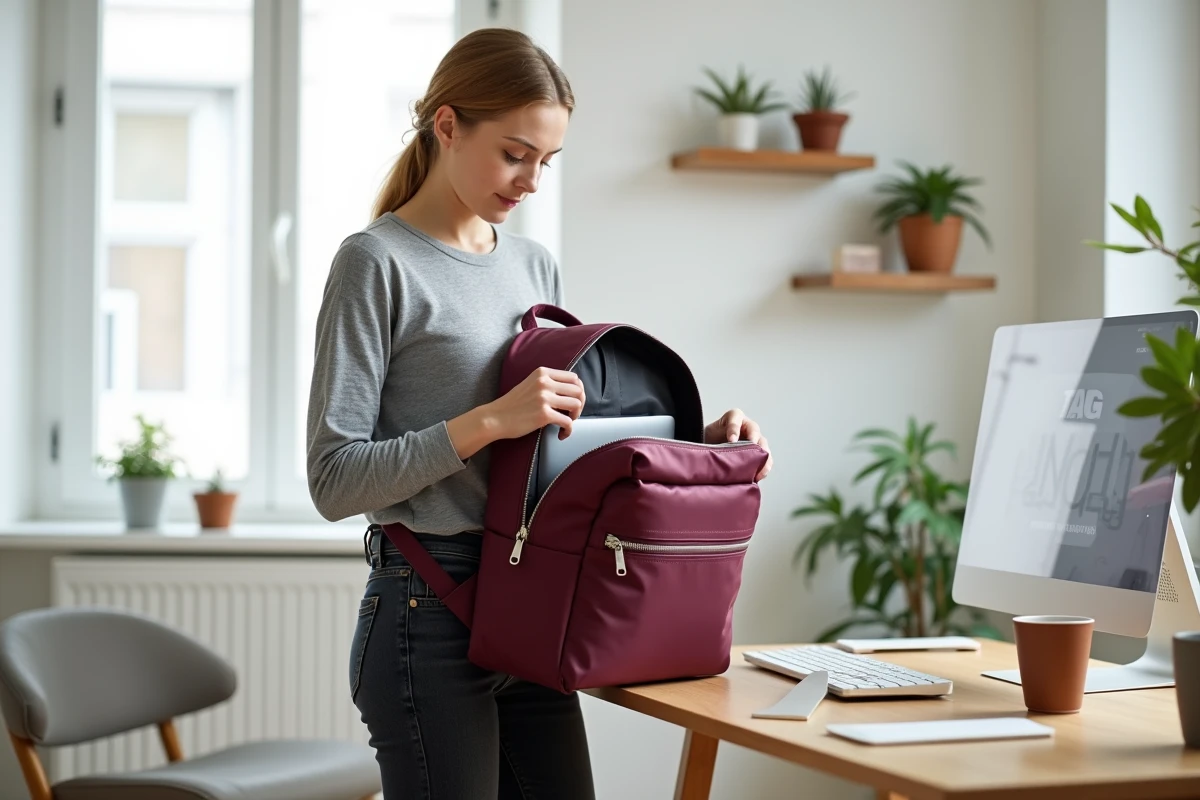 Femme déballant son sac à dos ordinateur structuré dans un bureau à domicile minimaliste