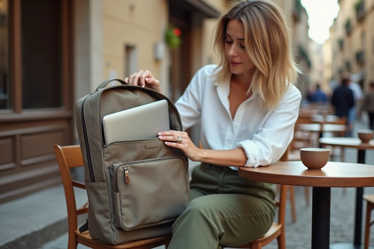 Jeune femme stylée avec sac à dos pour ordinateur portable posé sur une chaise de café en terrasse