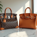 Sacs de luxe Louis Vuitton et Hermès Birkin côte à côte sur une table