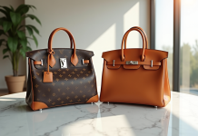 Sacs de luxe Louis Vuitton et Hermès Birkin côte à côte sur une table