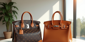 Sacs de luxe Louis Vuitton et Hermès Birkin côte à côte sur une table