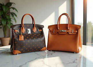 Sacs de luxe Louis Vuitton et Hermès Birkin côte à côte sur une table