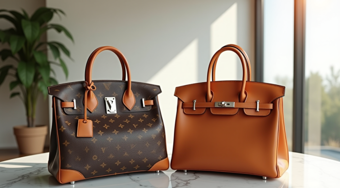 Sacs de luxe Louis Vuitton et Hermès Birkin côte à côte sur une table