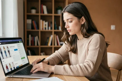 Jeune femme renseignant son adresse de livraison sur un site de commande en ligne depuis son appartement