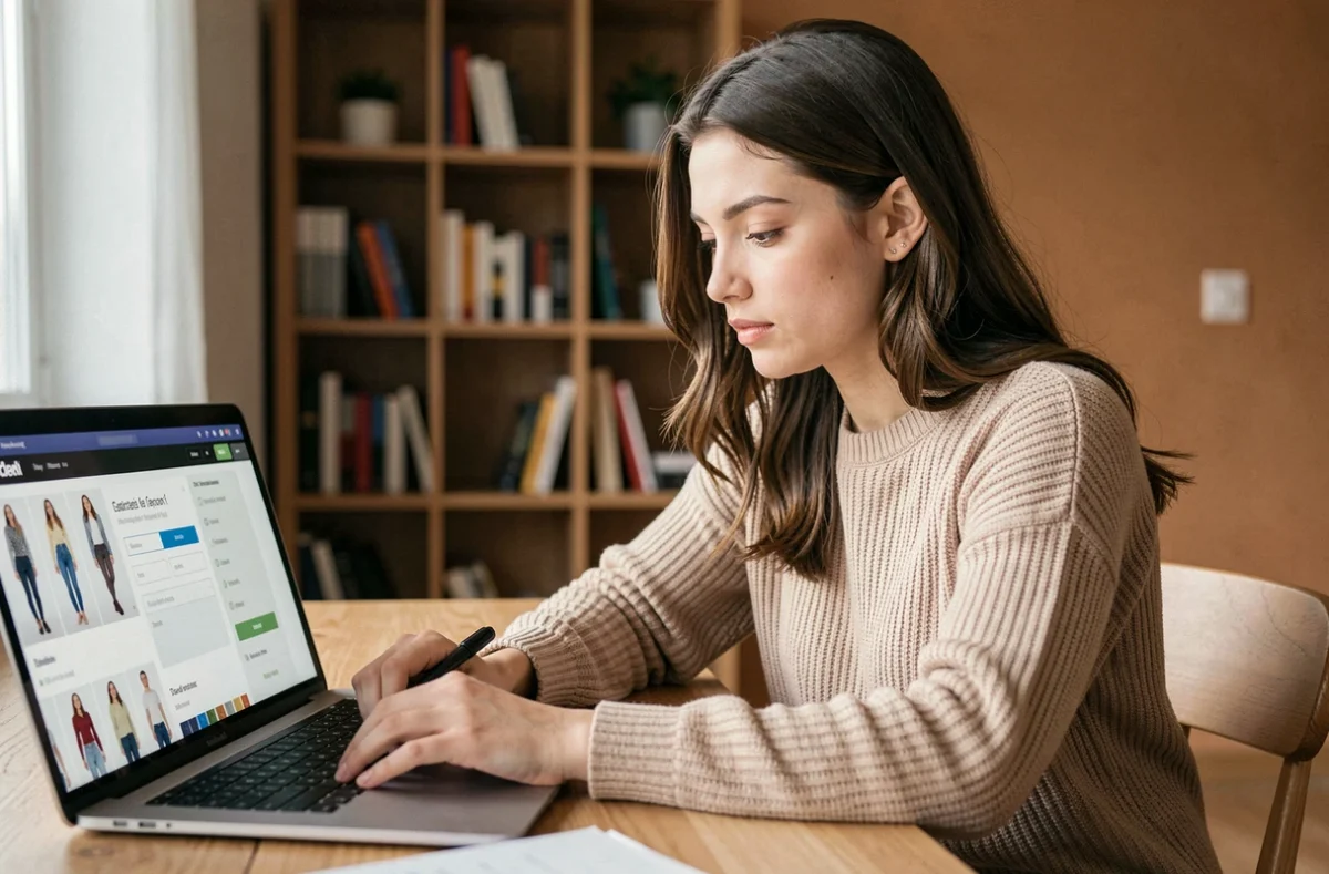 Jeune femme renseignant son adresse de livraison sur un site de commande en ligne depuis son appartement