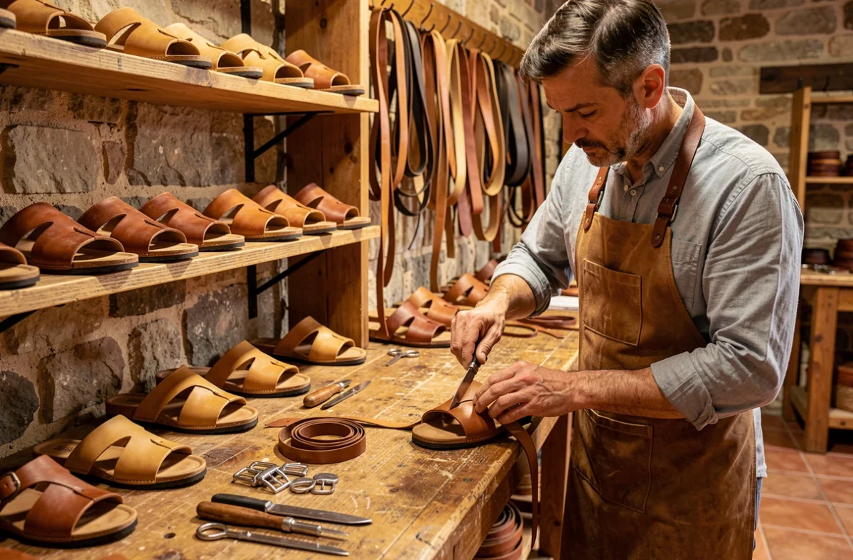 Artisan taillant des lanières de cuir pour fabriquer des sandales dans l'atelier Sandales Bayona